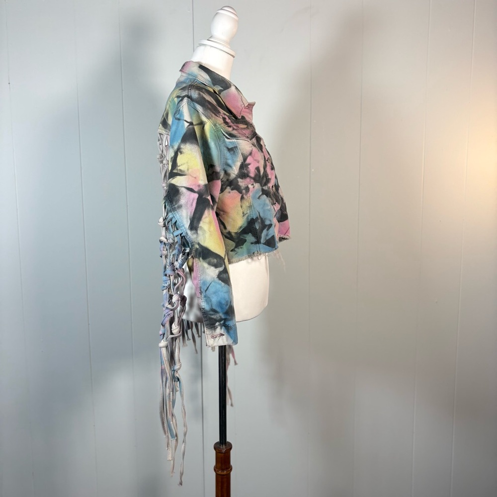 Tie Dye Fringe Denim Jacket Women’s L Crop Festival Jean Casual Boho - Picture 3 of 8